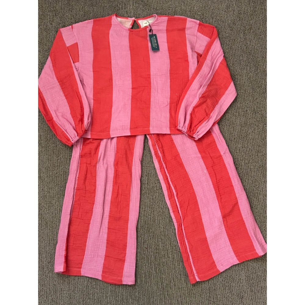 Minimalist Folk Co Maya Guaze Cotton Pant Set Girls 12-13Y Pink Orange Stripe